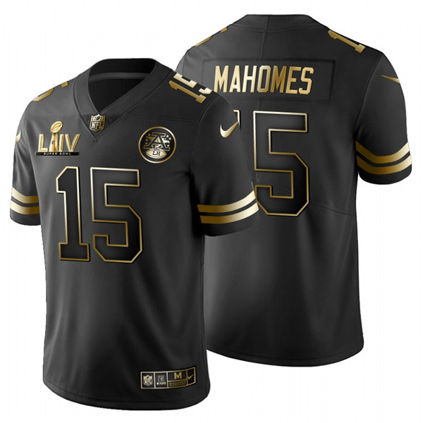 Men's Kansas City Chiefs Black #15 Patrick Mahomes Super Bowl LIV Golden Edition Limited Stitched NFL Jersey